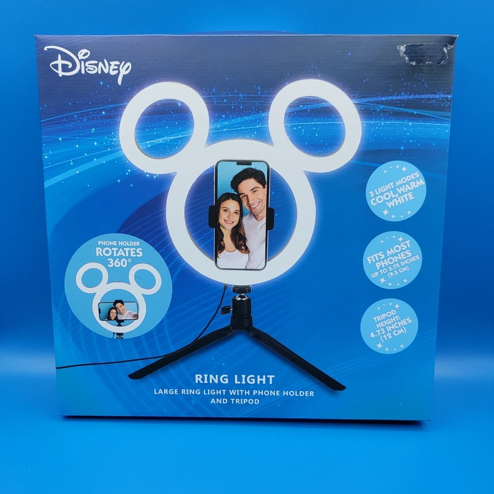 Disney's Mickey Mouse Shaped Ring Light with Phone Holder & Tripod 3 Light Modes
